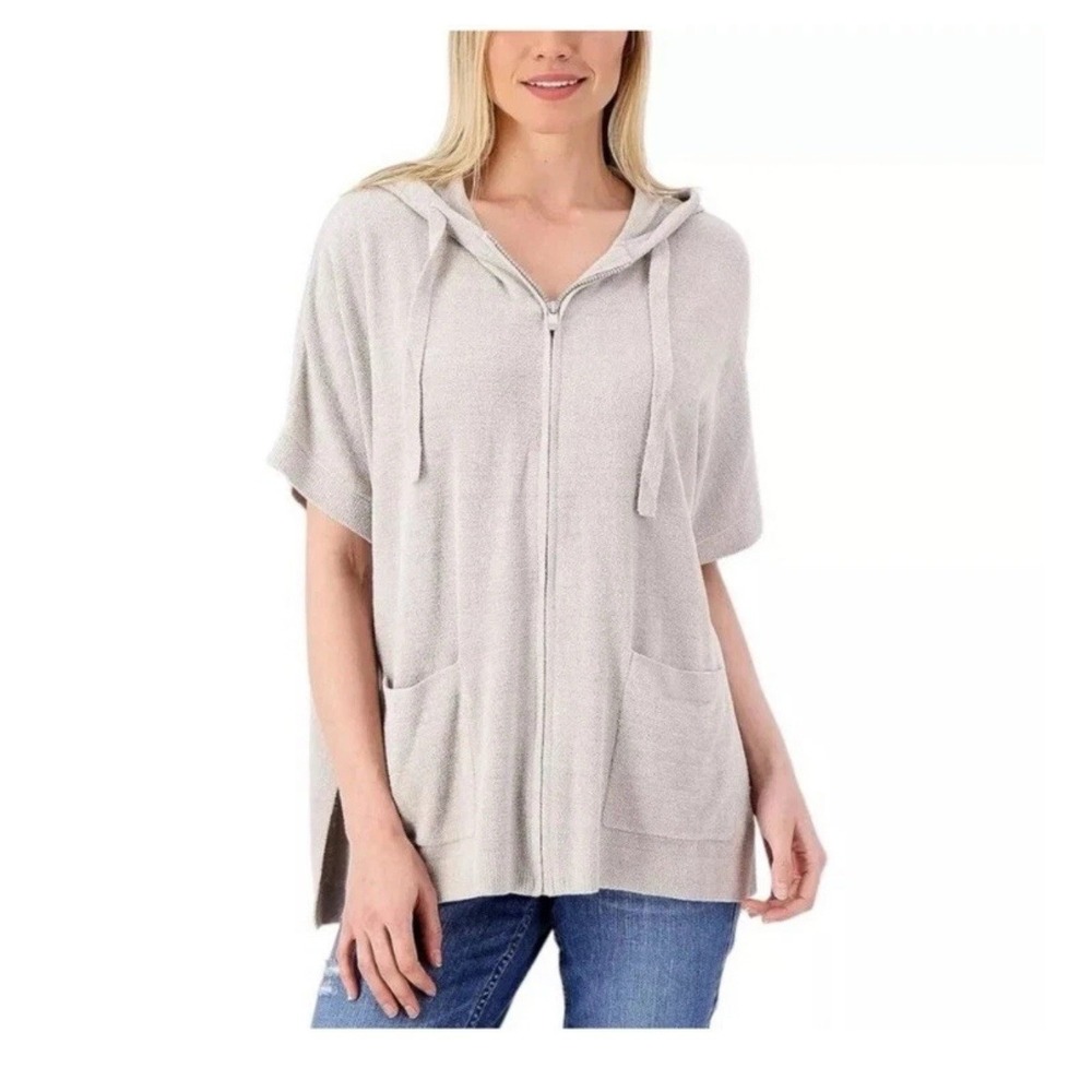 Barefoot Dreams CozyChic Hooded S M Zip Up Short Sleeve Hoodie Gray Comfortcore
